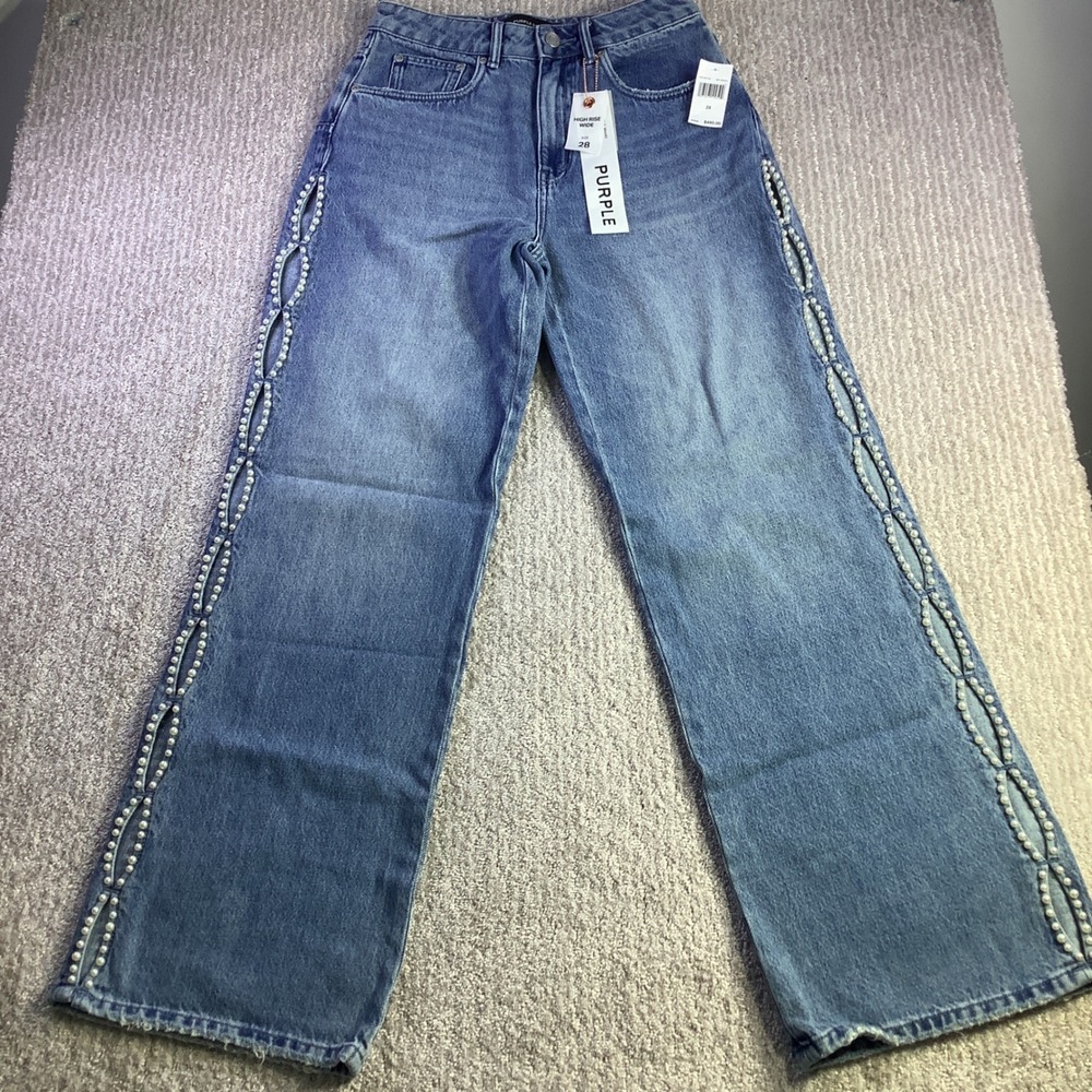 Purple Brand Womens High Rise Wide‎ Leg Jeans Side Cut Out Pearly Size 28 NWT